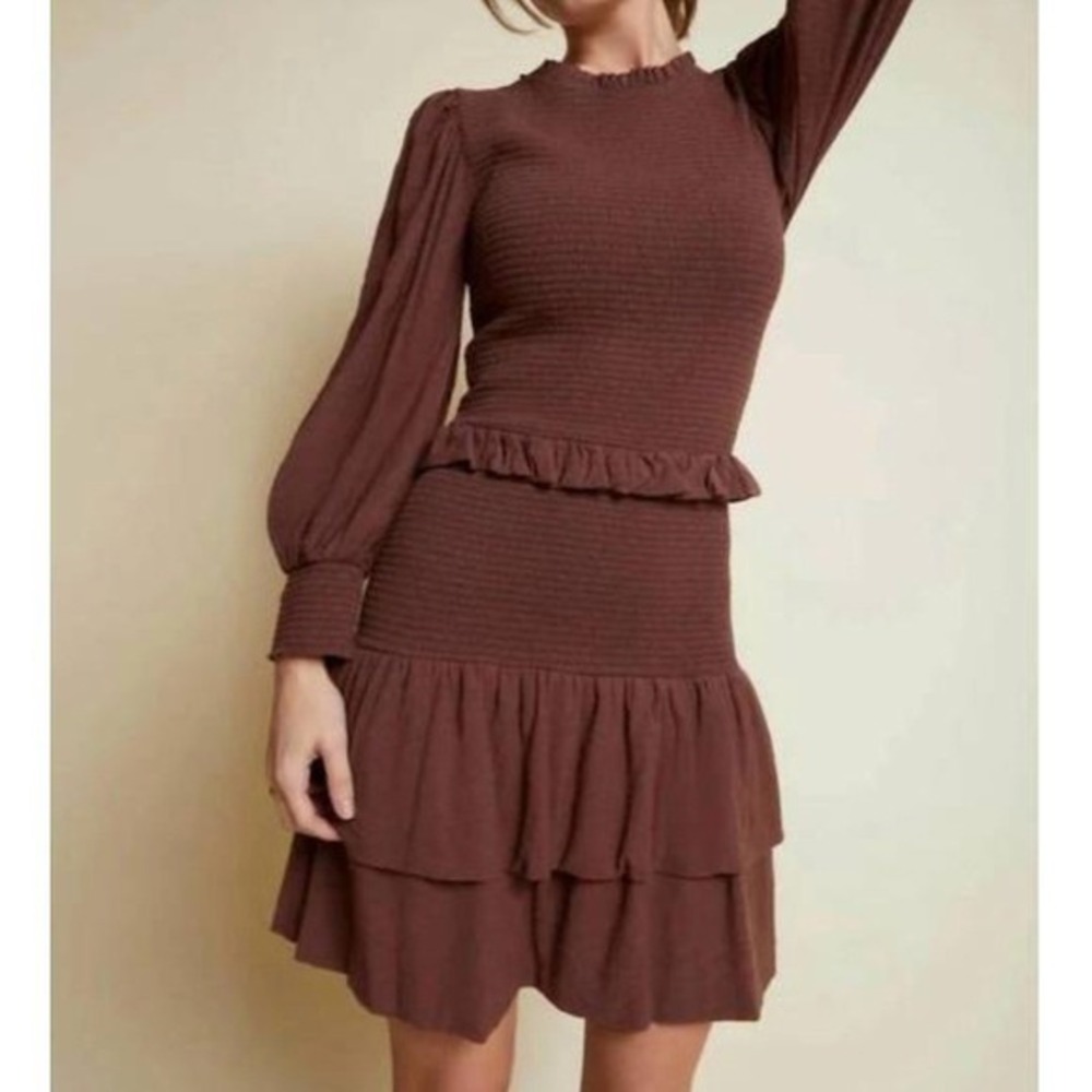 Nation LTD Abby Smocked Mini Dress Small‎ Mauve Ruffle Long Sleeve Boho Romantic